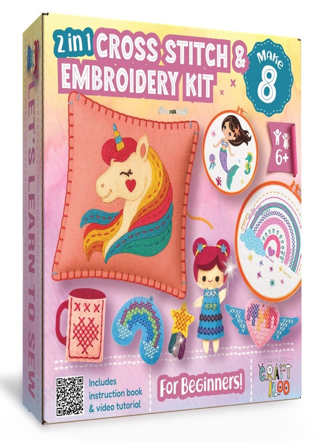 CRAFTILOO 2 in1 Cross Stitch & Embroidery Kit for Kids Ages 6+ Make 8 Projects Backpack Charms, Keyring, Doll, Wall Art, Unicorn Pillow & Card Holder Beginner Needlepoint & Creative Gift Set - Image 1